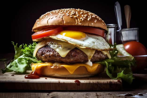 Een hamburger met een gebakken ei en kaas op een houten bord