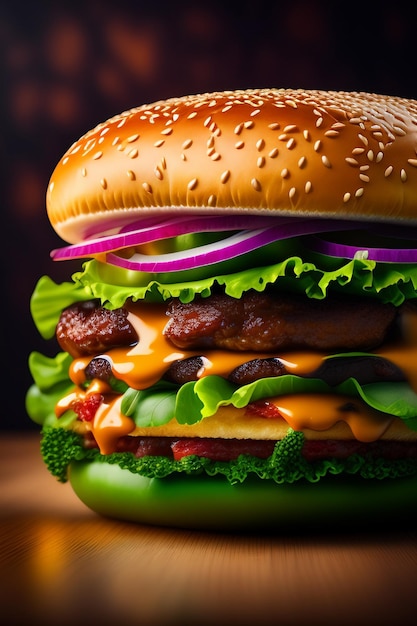 Een hamburger met een groene achtergrond en rode uien erop.
