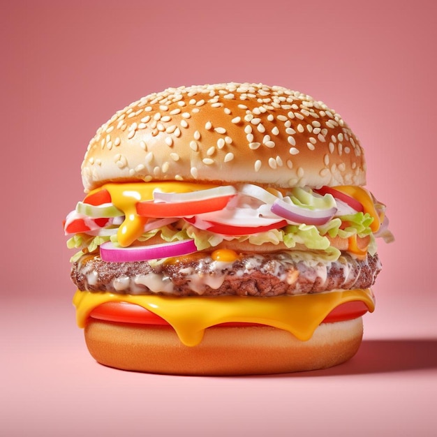 Een hamburger met een hamburger en een rode achtergrond