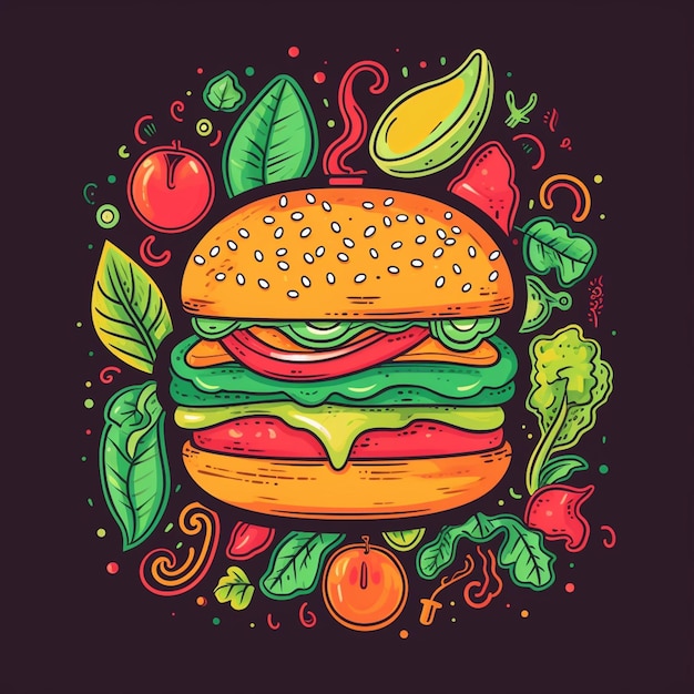 Een hamburger met een kleurrijke krabbel erop.