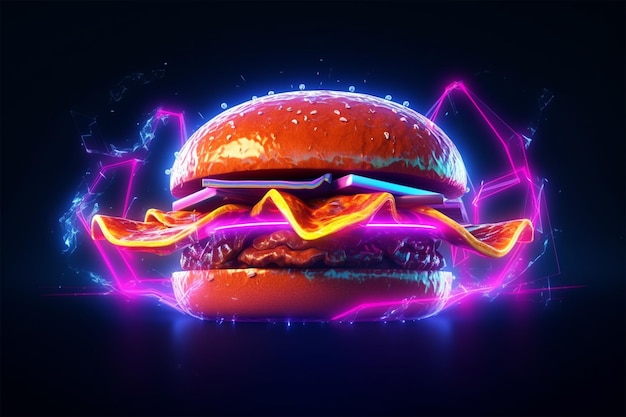 Een hamburger met een neonlicht waar burger op staat.