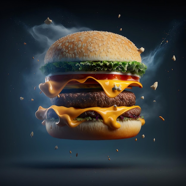 Een hamburger met een rokerige achtergrond en de woorden "burger" bovenaan.
