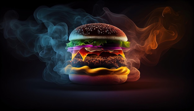 Een hamburger met een rokerige achtergrond