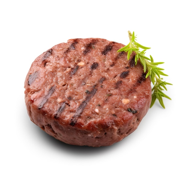 Een hamburger met een stukje groen kruid erop