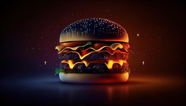 Een hamburger met een verlichte achtergrond waarop 'burger' staat