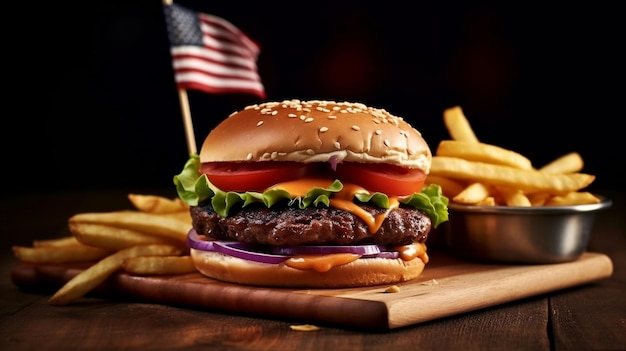 Een hamburger met een vlag erop en een amerikaanse vlag aan de zijkant