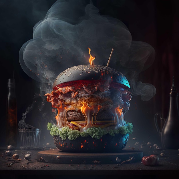 Een hamburger met een vlam erop die brandt