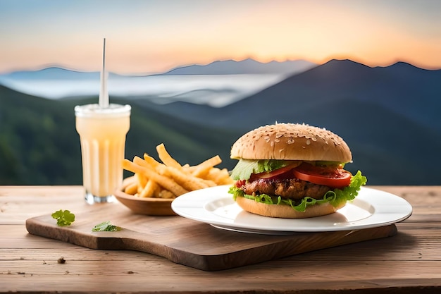 Een hamburger met frietjes en een drankje op tafel.