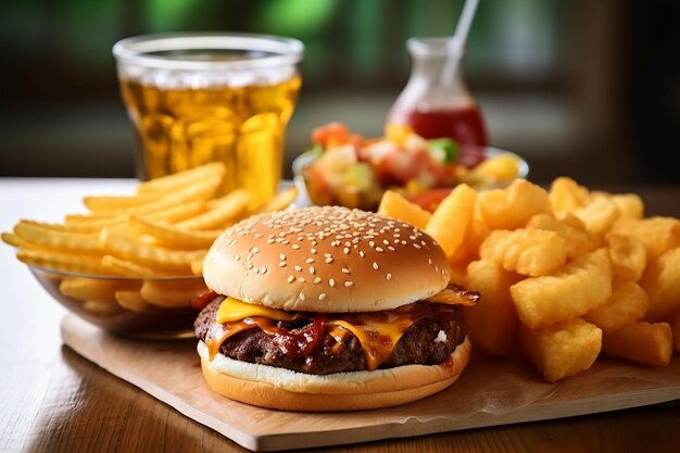 Een hamburger met frietjes en een glas bier op tafel.