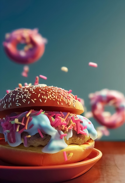 Een hamburger met hagelslag erop en een roze donut met hagelslag erop.