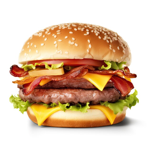 Foto een hamburger met kaas, bacon en tomaat erop.