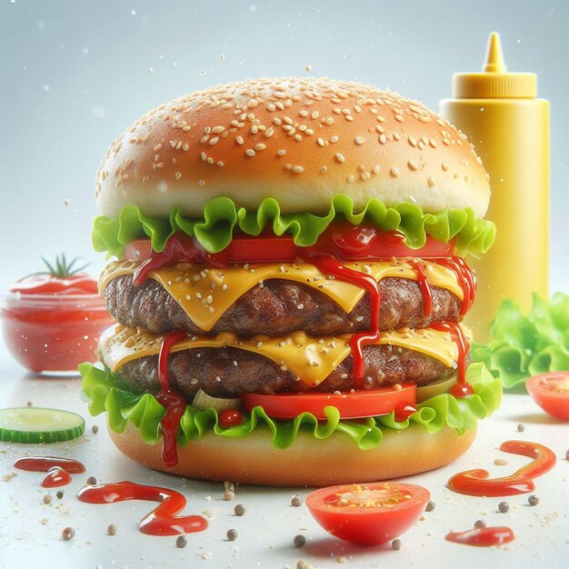 Foto een hamburger met kaas en een fles ketchup