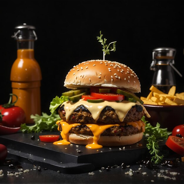 Een hamburger met kaas en een zwarte achtergrond.