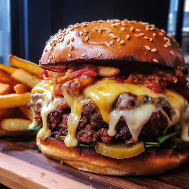 Een hamburger met kaas en friet op een houten bord