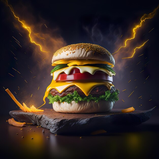 Een hamburger met kaas en groenten wordt getoond met een bliksemschicht op de achtergrond