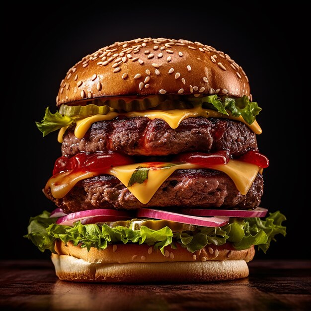 een hamburger met kaas en ketchup erop staat op een houten tafel.