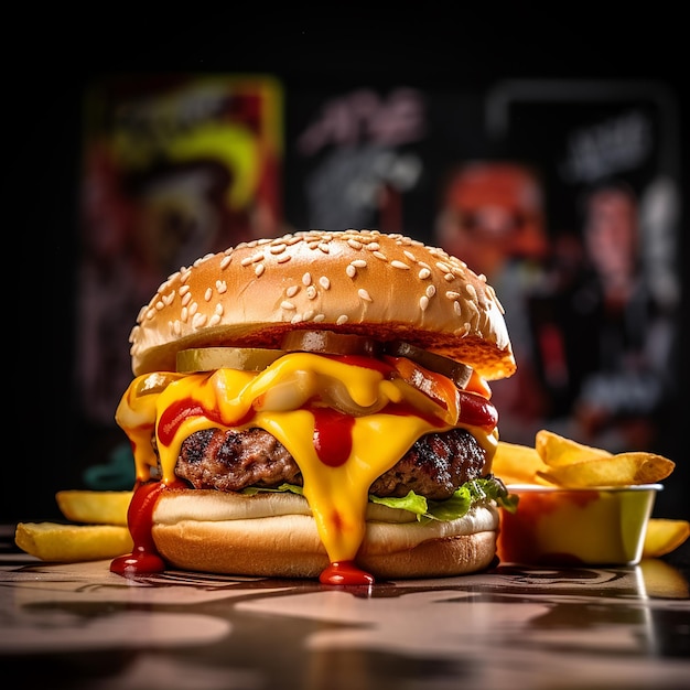 Een hamburger met kaas en ketchup staat op een tafel.