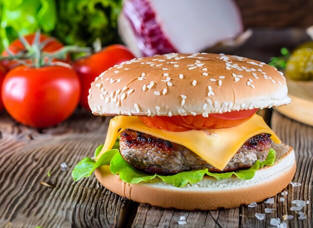 Een hamburger met kaas en tomaat op een houten tafel