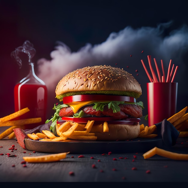 Een hamburger met kaas en tomaten erop en een zwarte achtergrond