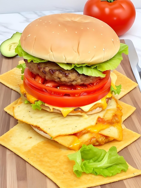 Een hamburger met kaas en tomaten erop zit op een snijplank van een hamburger diner ai gegenereerd