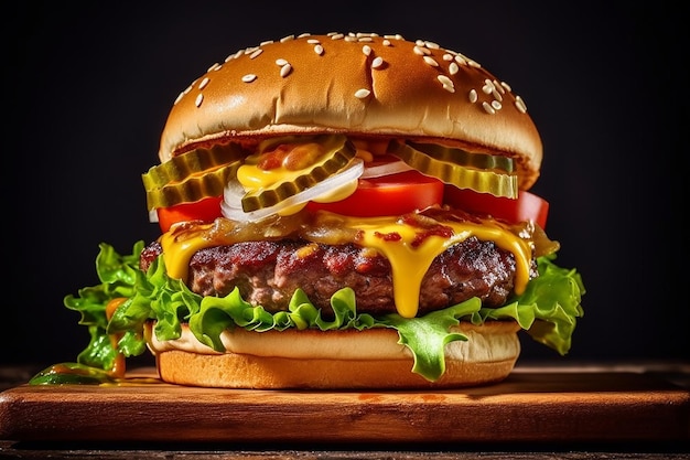 Een hamburger met kaas en tomaten op een houten bord