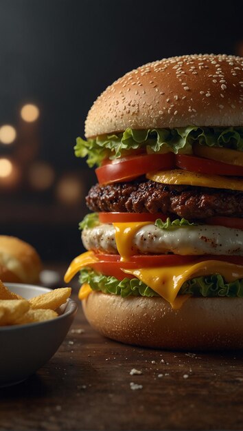 een hamburger met kaas en tomatensous op een tafel