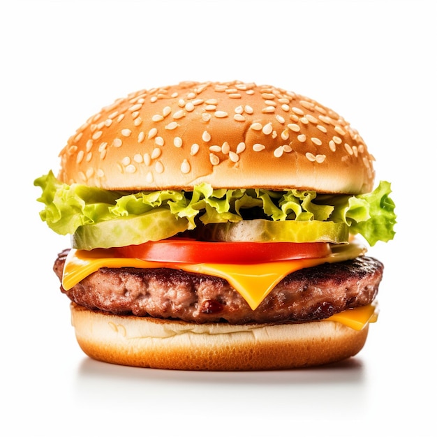 Foto een hamburger met kaas, tomaat en sla erop.