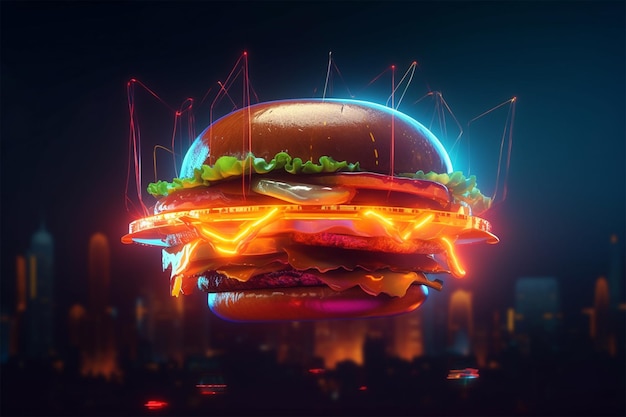 Een hamburger met neonlichten en een stad op de achtergrond.