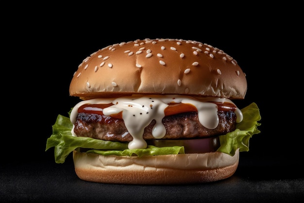 Een hamburger met sla en mayonaise erop