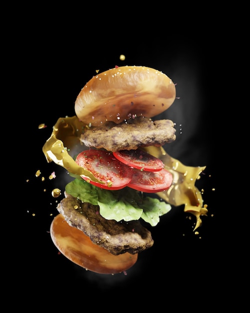 Een hamburger met sla en tomatensaus die in de lucht zweeft.