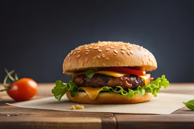 Een hamburger met sla, tomaat en kaas op een houten tafel.