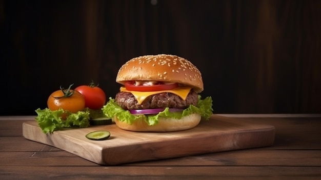 Een hamburger met sla, tomaat en ui op een houten snijplank.