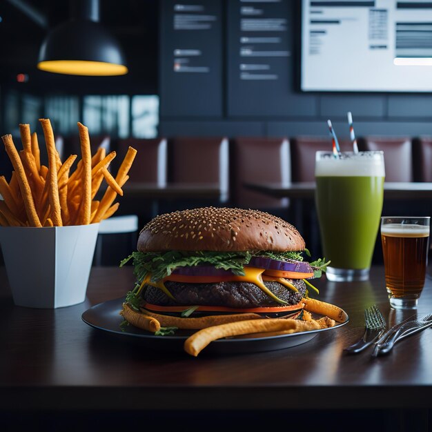 Foto een hamburger met sla, tomaat, kaas en ui op een tafel met een glas bier