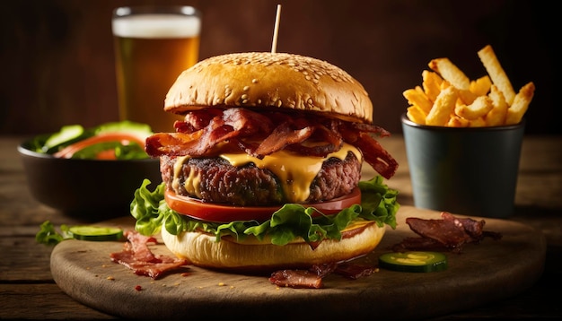 Een hamburger met spek en kaas erop staat op een tafel naast een glas bier.