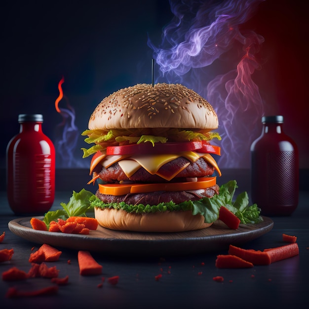 Een hamburger met tomaten en kaas erop naast een fles cola.