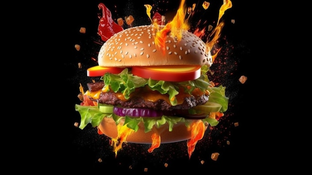 Een hamburger met vlammen en een vuur erop