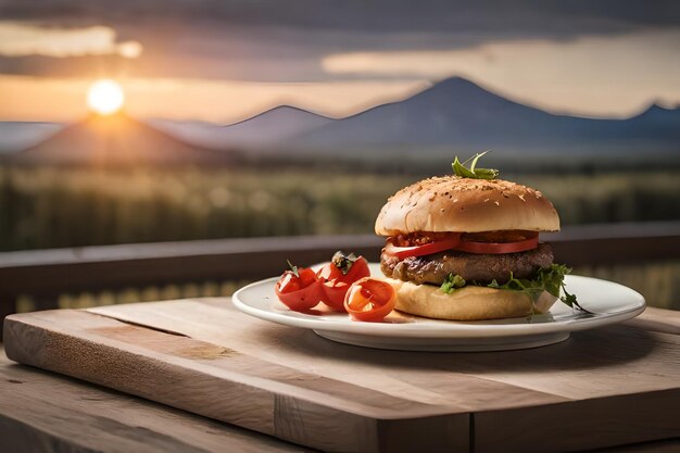 Een hamburger op een bord met een berg op de achtergrond