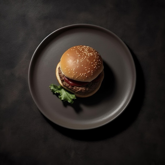 Een hamburger op een bord met een blaadje erop