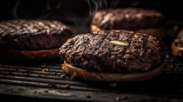 Een hamburger op een grill waar rook uit komt.