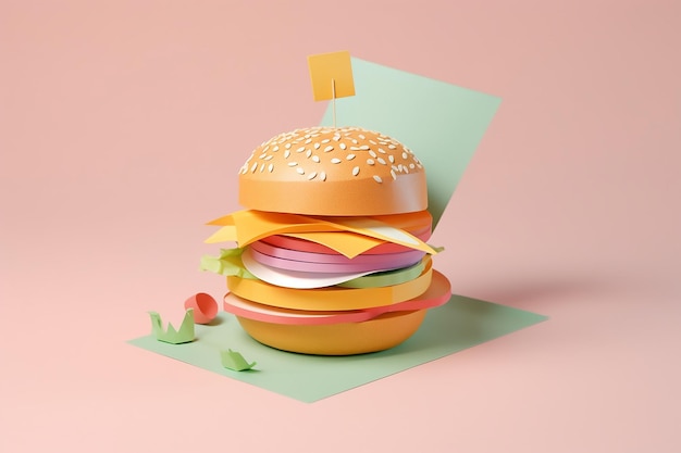 Een hamburger van papier met verschillende kleuren en het woord kaas erop