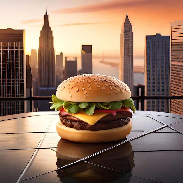 Een hamburger zit op een tafel voor de skyline van een stad.