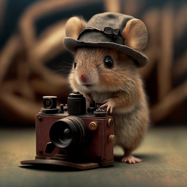 Een hamster die een hoed draagt en een camera vasthoudt.