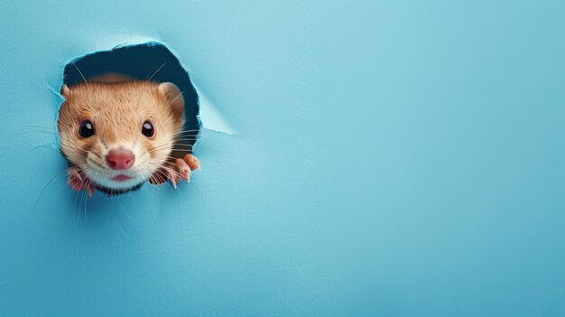 Foto een hamster die onder een blauwe muur uitkijkt