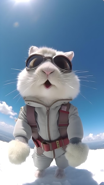 Een hamster met een jas en bril zit op een snowboard.