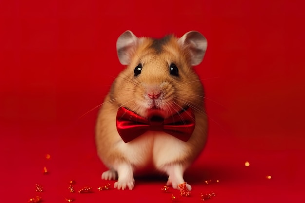 Een hamster met een rood strikje erop