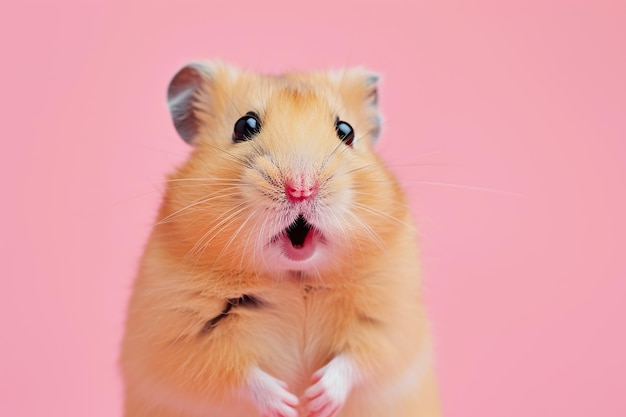 Foto een hamster met een roze neus kijkt naar de camera.