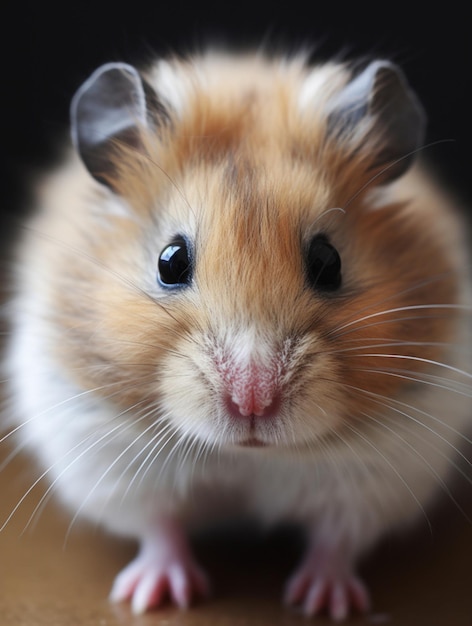 Een hamster met een zwarte neus en een wit gezicht.