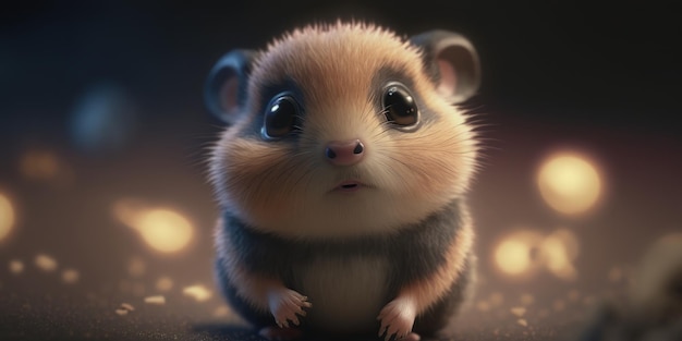 Een hamster met grote ogen zit op een donkere achtergrond.
