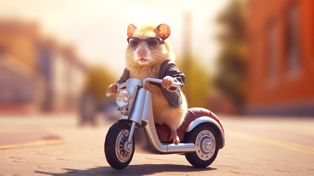 Een hamster met zonnebril rijdt op een scooter