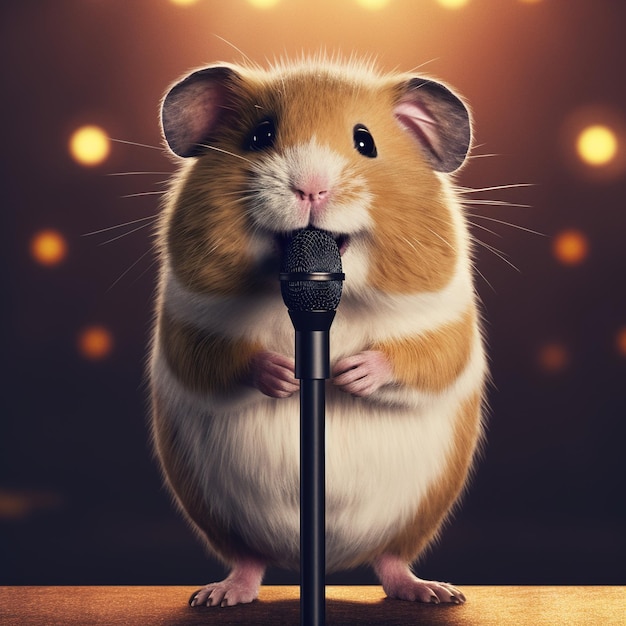 Een hamster zingt in een microfoon